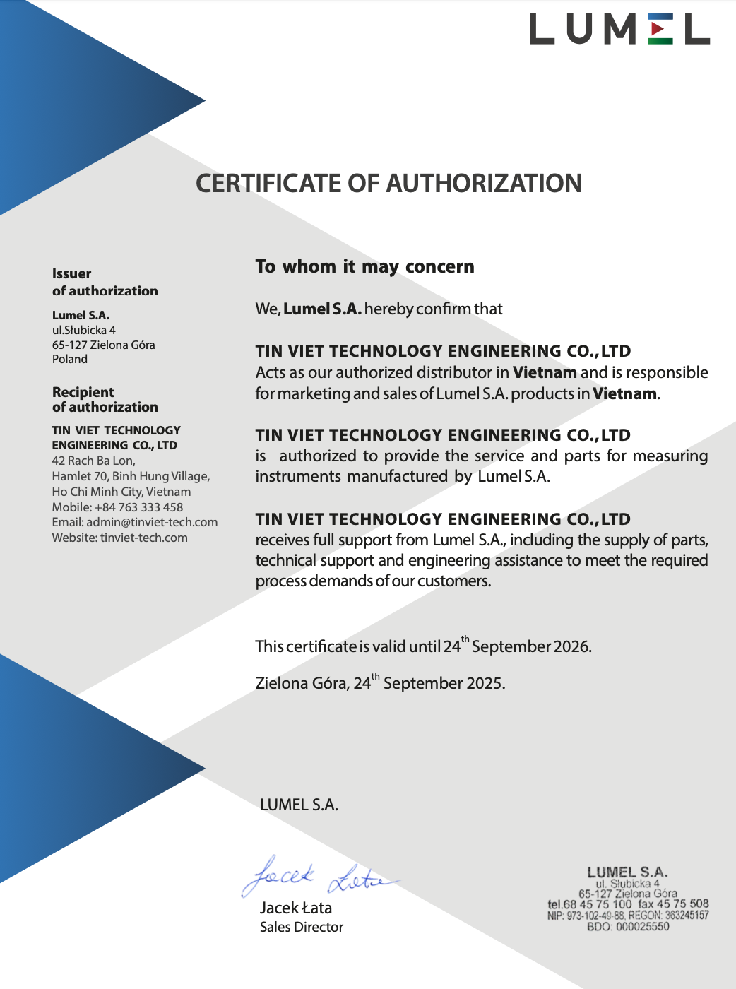 giấy chứng nhận nhà phân phối của hãng lumel